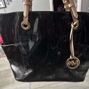 Michael Kors Glossy Black and Tan Tote